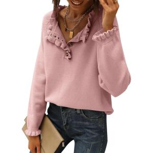BTFBM Womens Sweaters Fall Winter Clothes 2025 Long Sleeve Button Down Ruffle Crew Neck Casual Knitted Pullover Tops(Mid Pink)