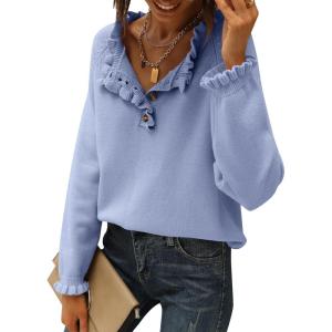 BTFBM Womens Sweaters Fall Winter Clothes 2025 Long Sleeve Button Down Ruffle Crew Neck Casual Knitted Pullover Tops(Sky Blue)