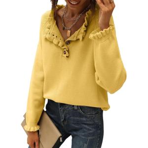 BTFBM Womens Sweaters Fall Winter Clothes 2025 Long Sleeve Button Down Ruffle Crew Neck Casual Knitted Pullover Tops(Yellow)