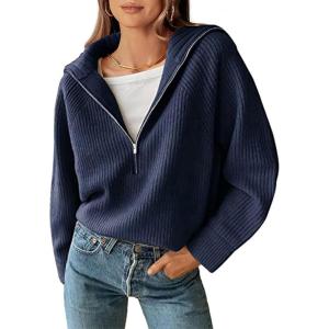 BTFBM Womens Sweaters Quarter Zip Pullover V Neck Collar Long Sleeve Ribbed Knit Loose Casual 2025 Winter Fall Sweater(Denim Blue)