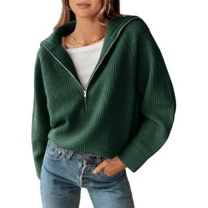 BTFBM Womens Sweaters Quarter Zip Pullover V Neck Collar Long Sleeve Ribbed Knit Loose Casual 2025 Winter Fall Sweater(Green)