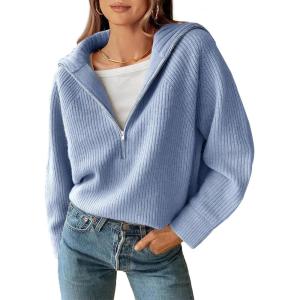 BTFBM Womens Sweaters Quarter Zip Pullover V Neck Collar Long Sleeve Ribbed Knit Loose Casual 2025 Winter Fall Sweater(Light Blue)