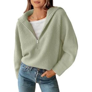 BTFBM Womens Sweaters Quarter Zip Pullover V Neck Collar Long Sleeve Ribbed Knit Loose Casual 2025 Winter Fall Sweater(Light Green)