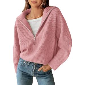 BTFBM Womens Sweaters Quarter Zip Pullover V Neck Collar Long Sleeve Ribbed Knit Loose Casual 2025 Winter Fall Sweater(Pink)