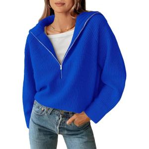 BTFBM Womens Sweaters Quarter Zip Pullover V Neck Collar Long Sleeve Ribbed Knit Loose Casual 2025 Winter Fall Sweater(Royal Blue)