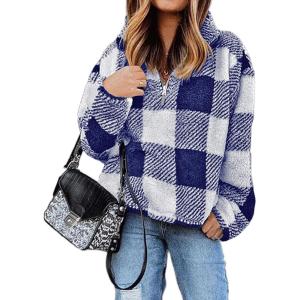 BTFBM Womens Sweatshirt Sherpa Quarter Zip Pullover Fall Winter 2025 Long Sleeve Fleece Sweaters Hoodies Sweatshirts(Plaid Blue)