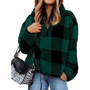 BTFBM Womens Sweatshirt Sherpa Quarter Zip Pullover Fall Winter 2025 Long Sleeve Fleece Sweaters Hoodies Sweatshirts(Plaid Green)