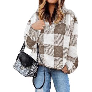 BTFBM Womens Sweatshirt Sherpa Quarter Zip Pullover Fall Winter 2025 Long Sleeve Fleece Sweaters Hoodies Sweatshirts(Plaid Khaki)