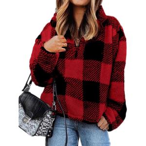 BTFBM Womens Sweatshirt Sherpa Quarter Zip Pullover Fall Winter 2025 Long Sleeve Fleece Sweaters Hoodies Sweatshirts(Plaid Red)