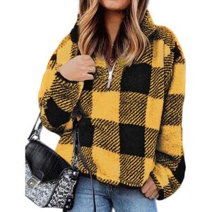 BTFBM Womens Sweatshirt Sherpa Quarter Zip Pullover Fall Winter 2025 Long Sleeve Fleece Sweaters Hoodies Sweatshirts(Plaid Yellow)