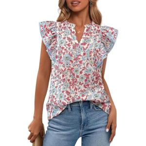 BTFBM Womens Tops Dressy Casual 2026 Spring Summer Shirts Boho Floral V Neck Ruffle Cap Sleeve Business Work Blouses(Floral Beige Multi)