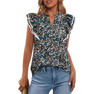 BTFBM Womens Tops Dressy Casual 2026 Spring Summer Shirts Boho Floral V Neck Ruffle Cap Sleeve Business Work Blouses(Floral Black Blue)