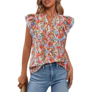 BTFBM Womens Tops Dressy Casual 2026 Spring Summer Shirts Boho Floral V Neck Ruffle Cap Sleeve Business Work Blouses(Floral Black Red)