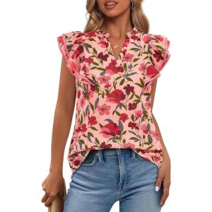 BTFBM Womens Tops Dressy Casual 2026 Spring Summer Shirts Boho Floral V Neck Ruffle Cap Sleeve Business Work Blouses(Floral Orange Pink Red)