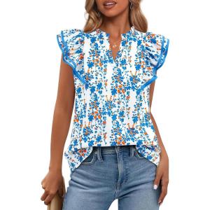 BTFBM Womens Tops Dressy Casual 2026 Spring Summer Shirts Boho Floral V Neck Ruffle Cap Sleeve Business Work Blouses(Floral White Blue)