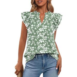 BTFBM Womens Tops Dressy Casual 2026 Spring Summer Shirts Boho Floral V Neck Ruffle Cap Sleeve Business Work Blouses(Leaves Light Green)