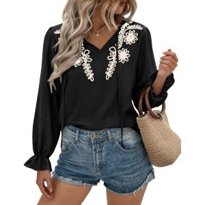 BTFBM Womens Tops Dressy Casual Fall 2025 Boho V Neck Ruffle Long Sleeve Shirts Floral Embroidered Work Business Blouses(Black)