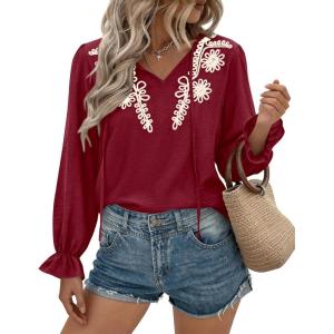 BTFBM Womens Tops Dressy Casual Fall 2025 Boho V Neck Ruffle Long Sleeve Shirts Floral Embroidered Work Business Blouses(Burgundy)