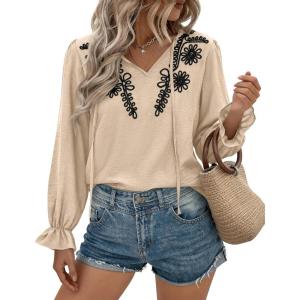 BTFBM Womens Tops Dressy Casual Fall 2025 Boho V Neck Ruffle Long Sleeve Shirts Floral Embroidered Work Business Blouses(Khaki)