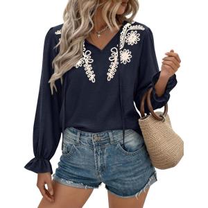 BTFBM Womens Tops Dressy Casual Fall 2025 Boho V Neck Ruffle Long Sleeve Shirts Floral Embroidered Work Business Blouses(Navy)