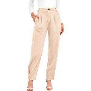 BTFBM Work Pants Women Business Casual Outfits Fall 2025 Elastic High Waist Dress Trousers Pockets Long Tapered Slacks(Cream)