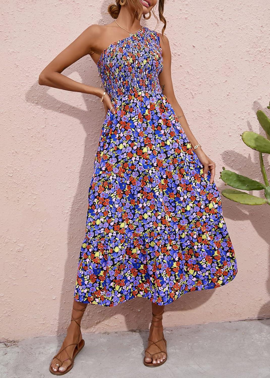 imageBTFBM 2026 Summer One Shoulder Dresses for Women Casual Spring Sleeveless Floral Flowy Smocked Boho Beach Maxi DressFloral Black Blue