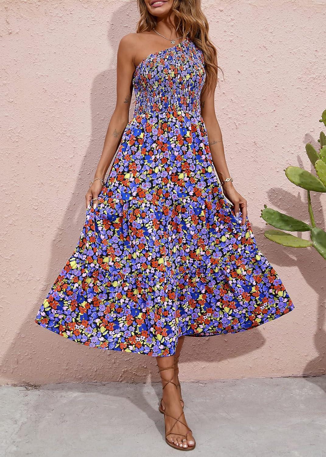 imageBTFBM 2026 Summer One Shoulder Dresses for Women Casual Spring Sleeveless Floral Flowy Smocked Boho Beach Maxi DressFloral Black Blue