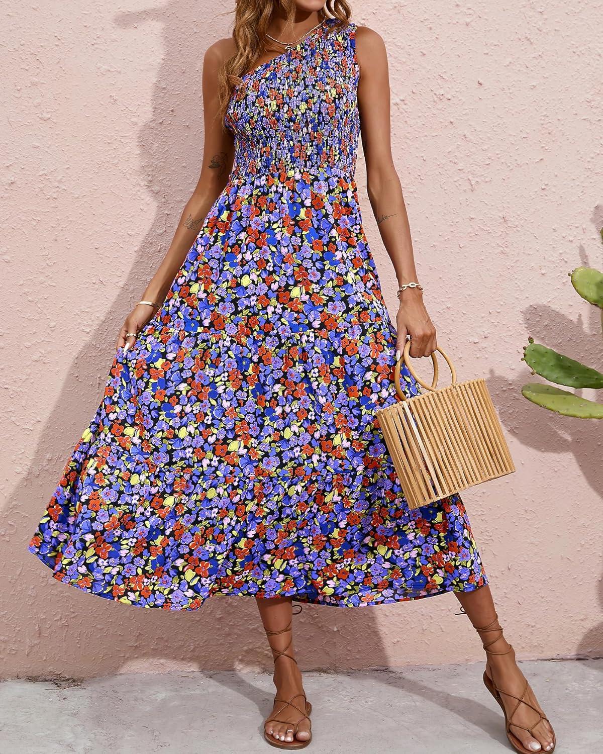 imageBTFBM 2026 Summer One Shoulder Dresses for Women Casual Spring Sleeveless Floral Flowy Smocked Boho Beach Maxi DressFloral Black Blue