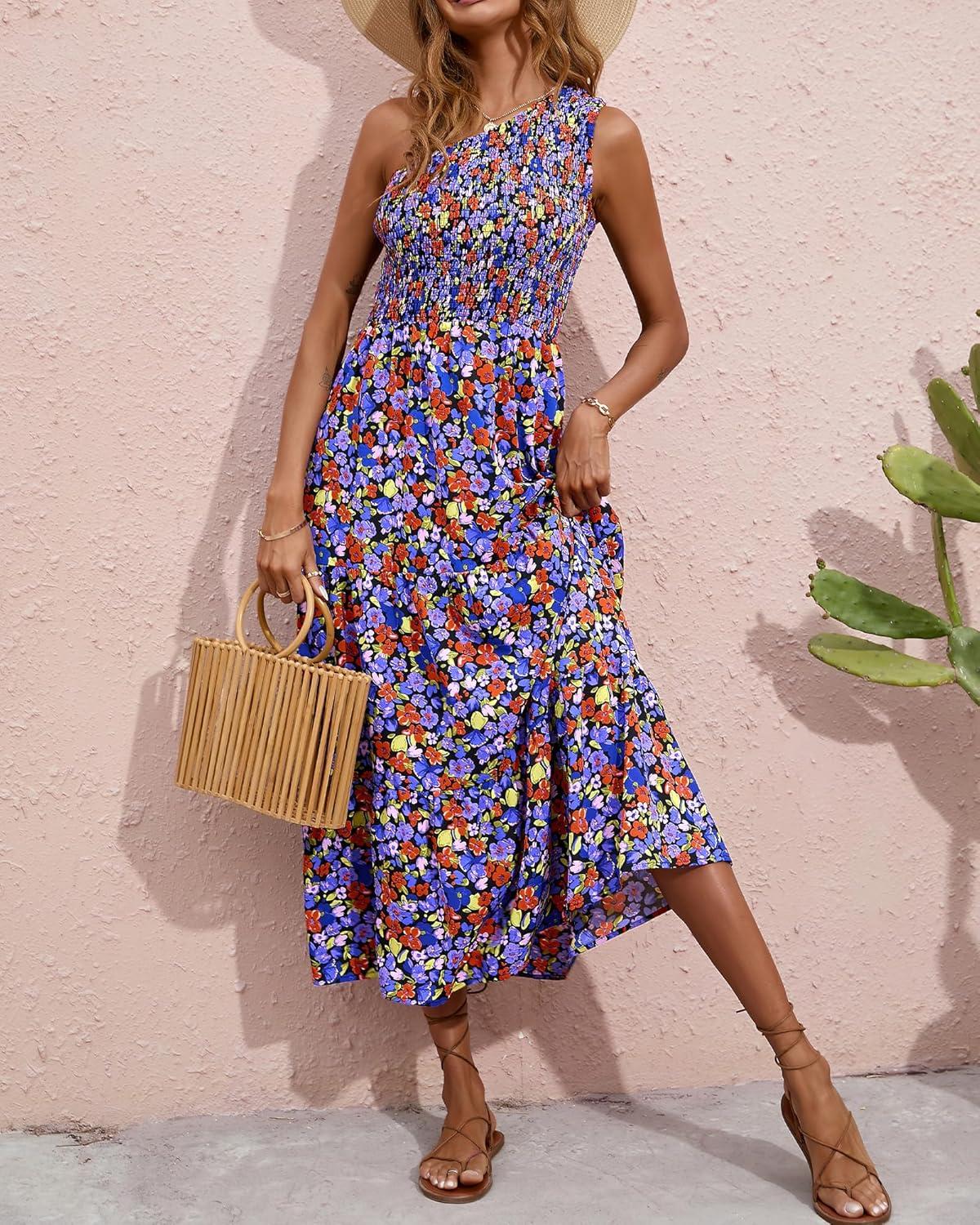 imageBTFBM 2026 Summer One Shoulder Dresses for Women Casual Spring Sleeveless Floral Flowy Smocked Boho Beach Maxi DressFloral Black Blue