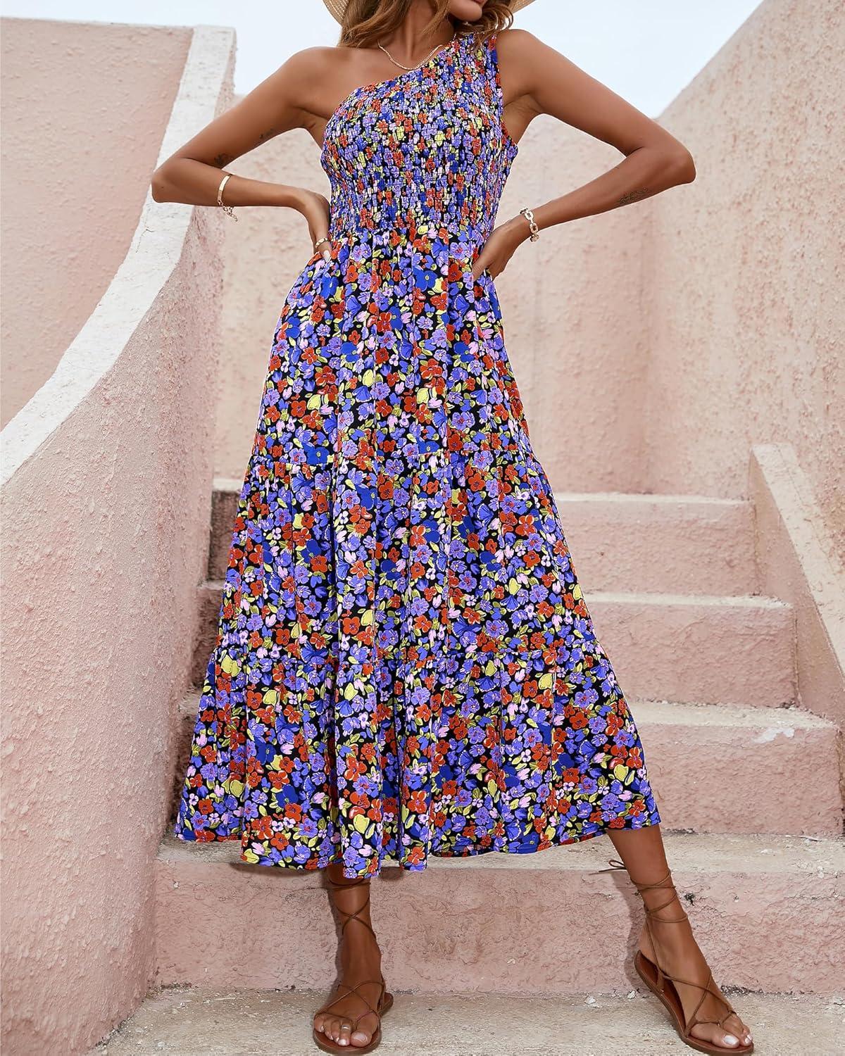 imageBTFBM 2026 Summer One Shoulder Dresses for Women Casual Spring Sleeveless Floral Flowy Smocked Boho Beach Maxi DressFloral Black Blue