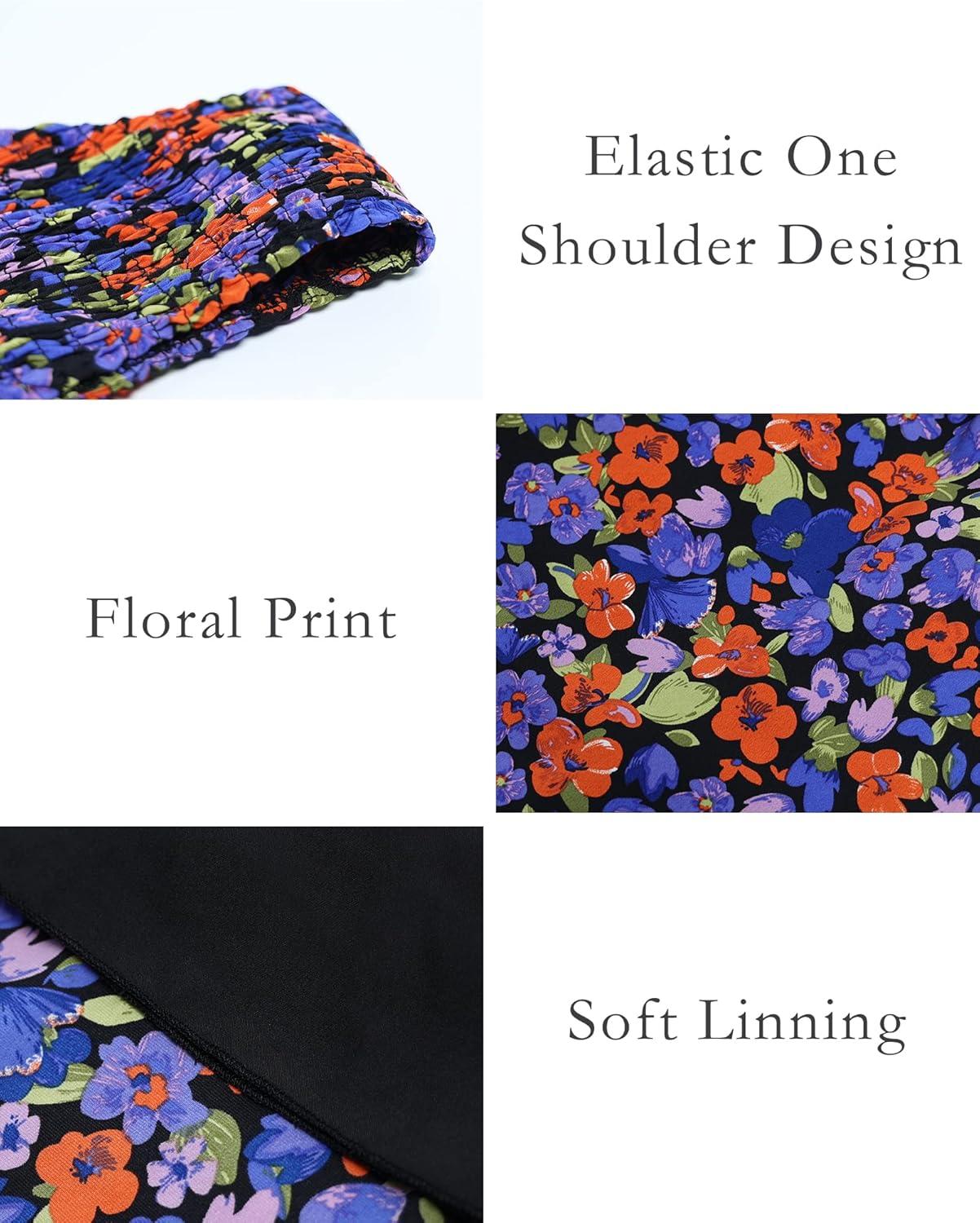 imageBTFBM 2026 Summer One Shoulder Dresses for Women Casual Spring Sleeveless Floral Flowy Smocked Boho Beach Maxi DressFloral Black Blue