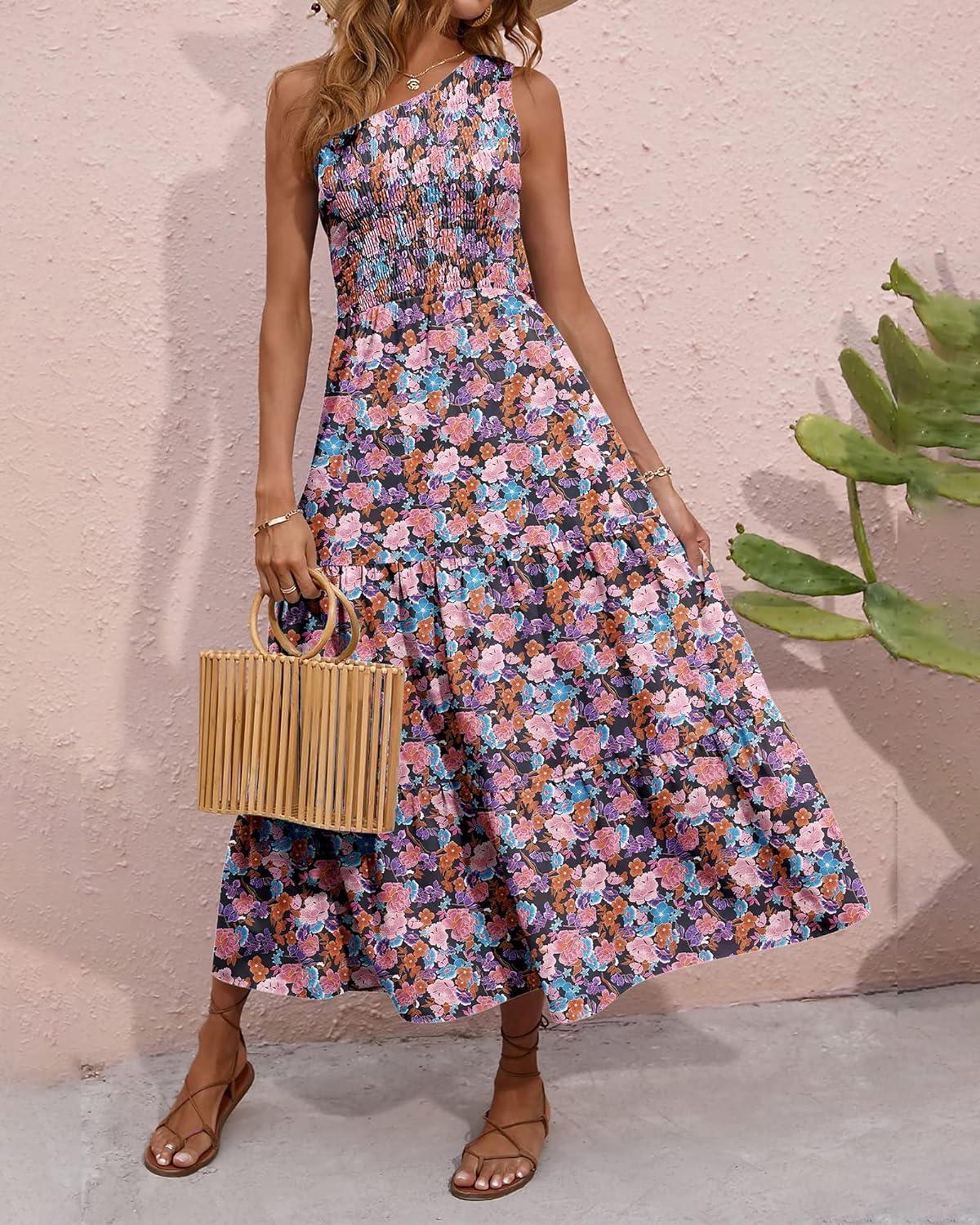 imageBTFBM 2026 Summer One Shoulder Dresses for Women Casual Spring Sleeveless Floral Flowy Smocked Boho Beach Maxi DressFloral Black Pink Blue
