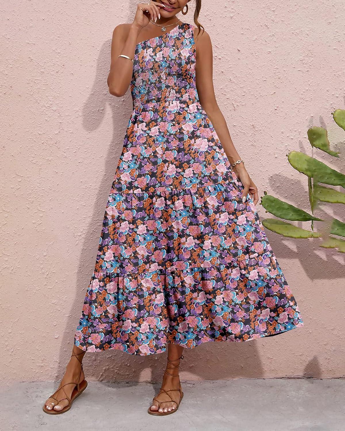 imageBTFBM 2026 Summer One Shoulder Dresses for Women Casual Spring Sleeveless Floral Flowy Smocked Boho Beach Maxi DressFloral Black Pink Blue