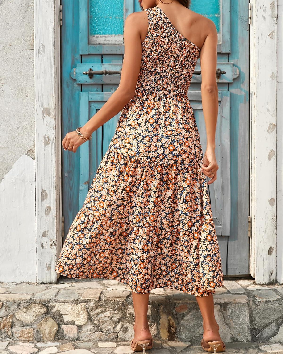 imageBTFBM 2026 Summer One Shoulder Dresses for Women Casual Spring Sleeveless Floral Flowy Smocked Boho Beach Maxi DressFloral Black Yellow