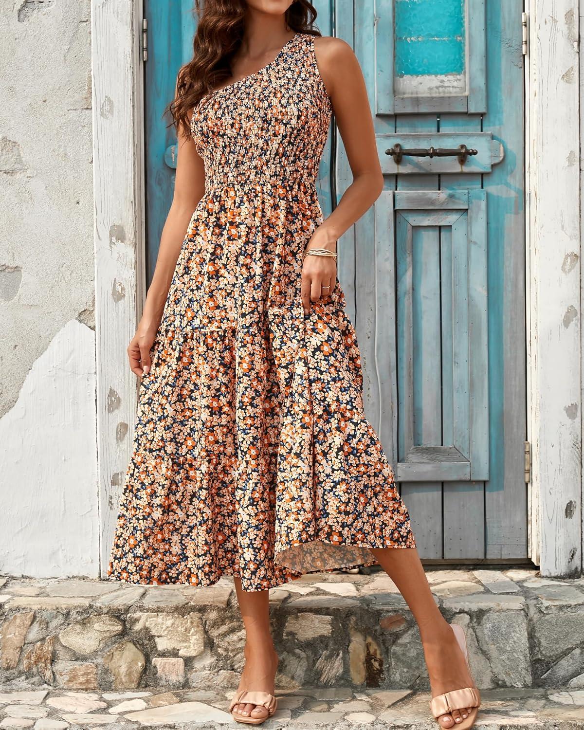 imageBTFBM 2026 Summer One Shoulder Dresses for Women Casual Spring Sleeveless Floral Flowy Smocked Boho Beach Maxi DressFloral Black Yellow