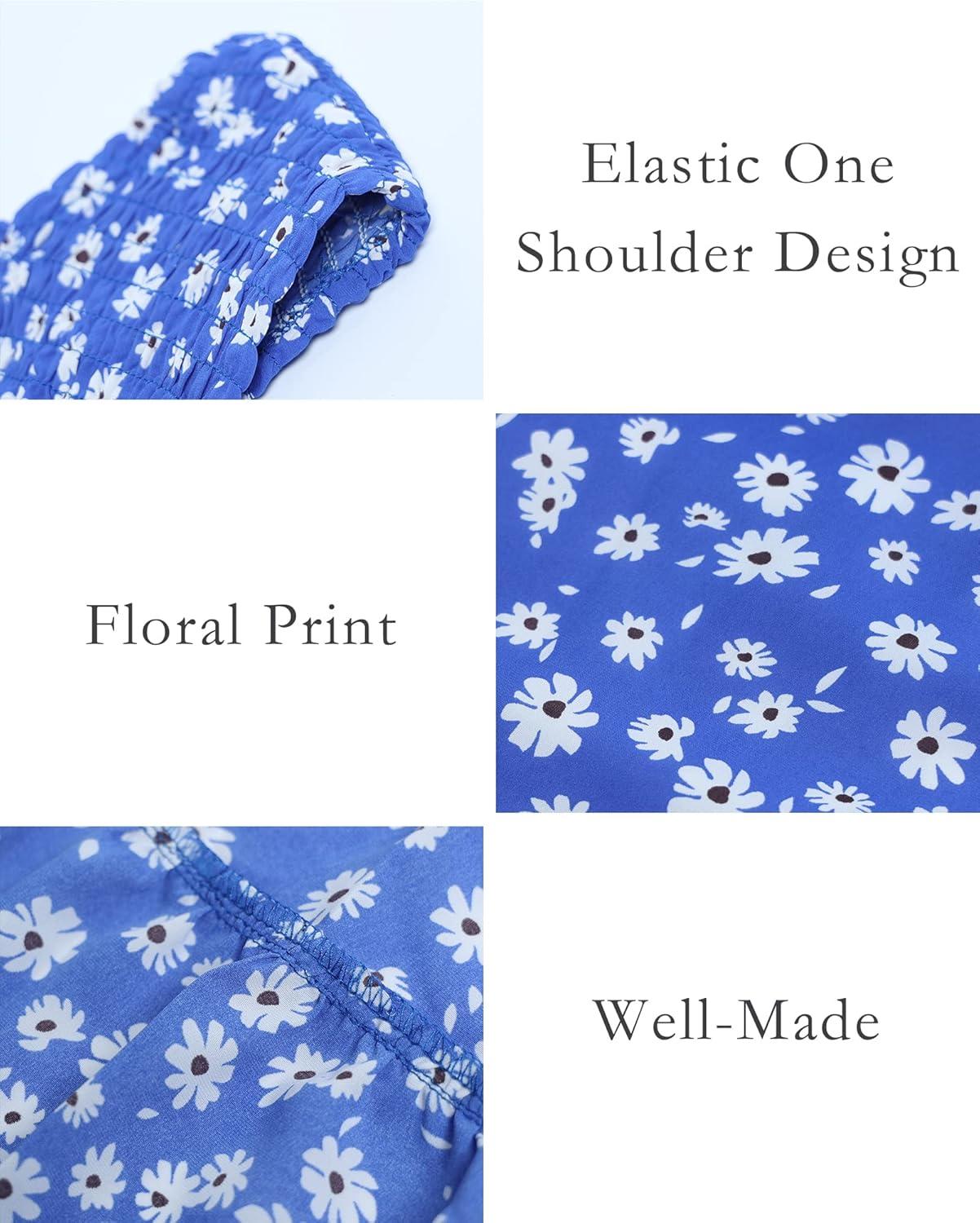 imageBTFBM 2026 Summer One Shoulder Dresses for Women Casual Spring Sleeveless Floral Flowy Smocked Boho Beach Maxi DressFloral Blue White