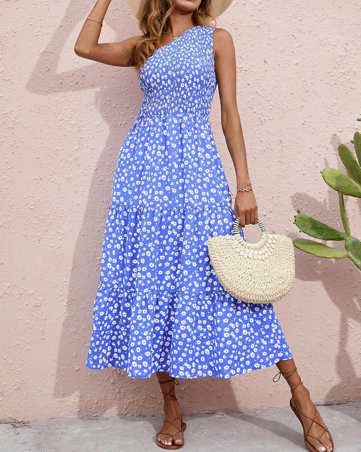 imageBTFBM 2026 Summer One Shoulder Dresses for Women Casual Spring Sleeveless Floral Flowy Smocked Boho Beach Maxi DressFloral Blue White