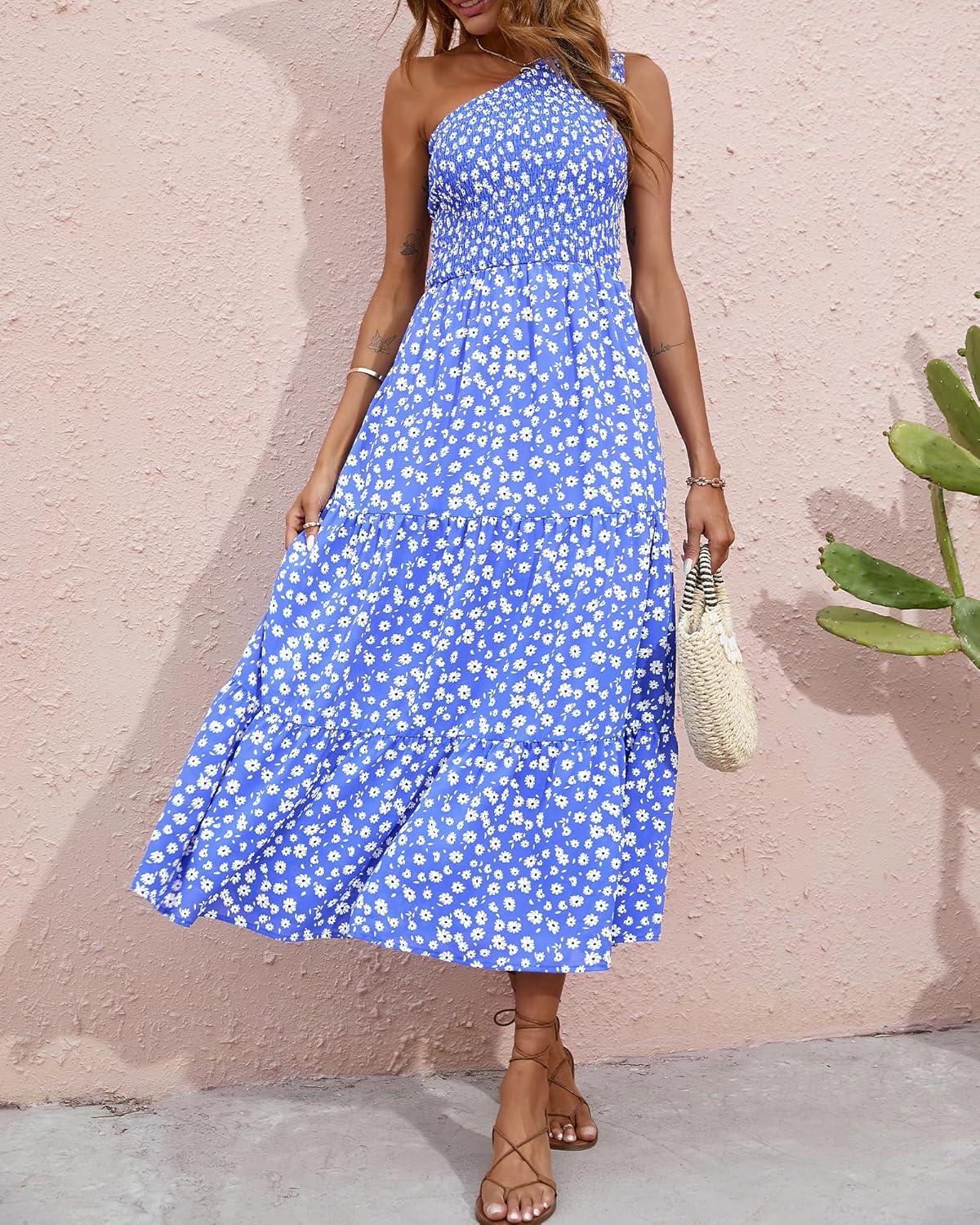 imageBTFBM 2026 Summer One Shoulder Dresses for Women Casual Spring Sleeveless Floral Flowy Smocked Boho Beach Maxi DressFloral Blue White