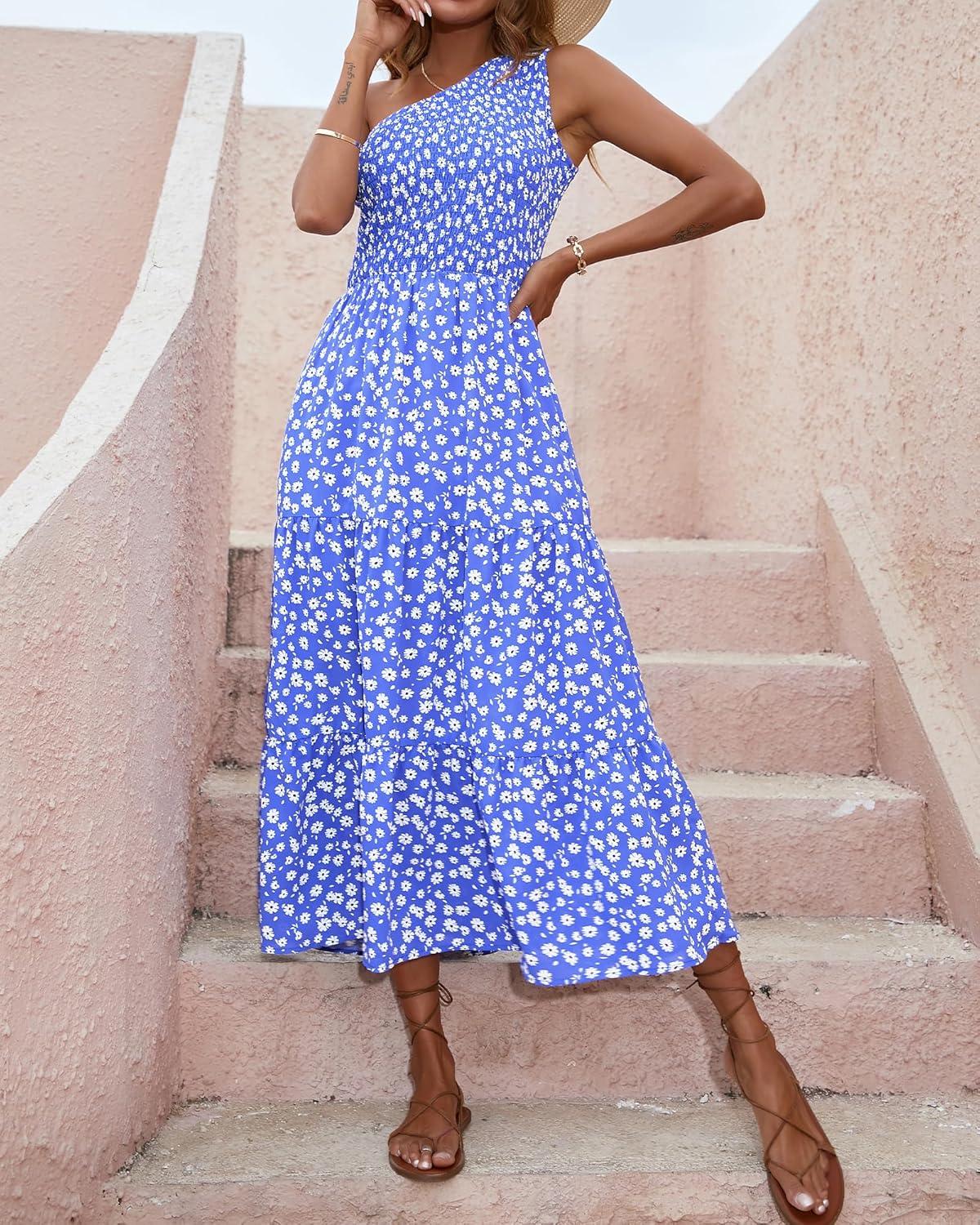 imageBTFBM 2026 Summer One Shoulder Dresses for Women Casual Spring Sleeveless Floral Flowy Smocked Boho Beach Maxi DressFloral Blue White