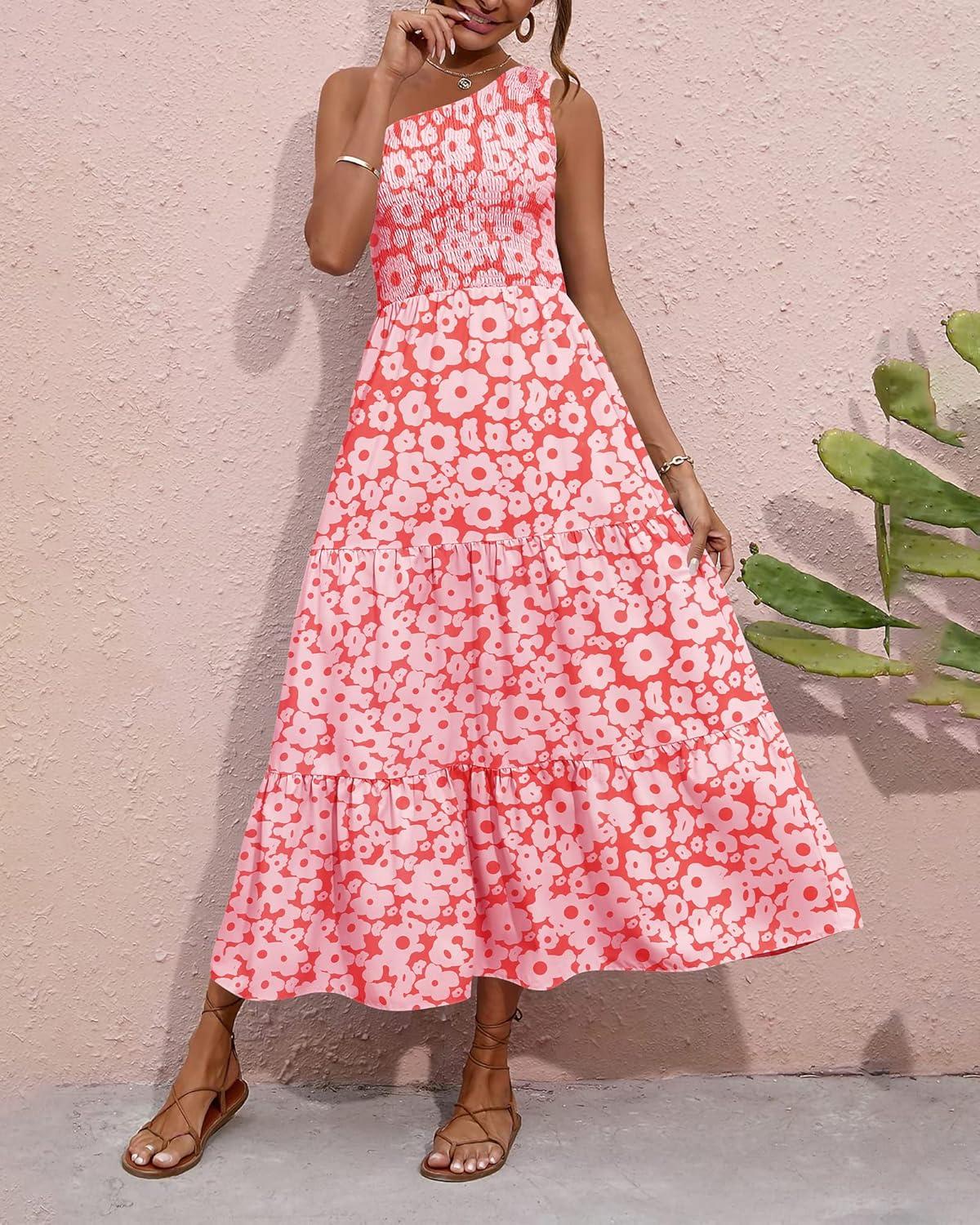 imageBTFBM 2026 Summer One Shoulder Dresses for Women Casual Spring Sleeveless Floral Flowy Smocked Boho Beach Maxi DressFloral Orange Pink