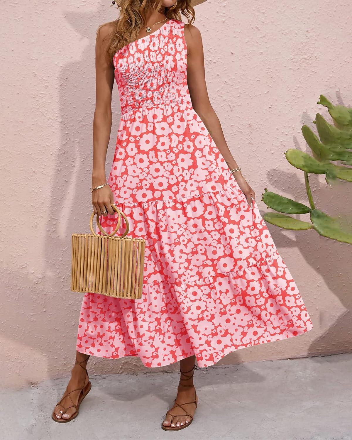 imageBTFBM 2026 Summer One Shoulder Dresses for Women Casual Spring Sleeveless Floral Flowy Smocked Boho Beach Maxi DressFloral Orange Pink