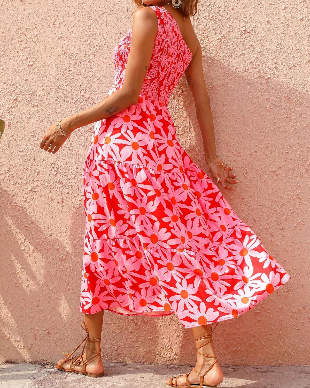 imageBTFBM 2026 Summer One Shoulder Dresses for Women Casual Spring Sleeveless Floral Flowy Smocked Boho Beach Maxi DressFloral Red