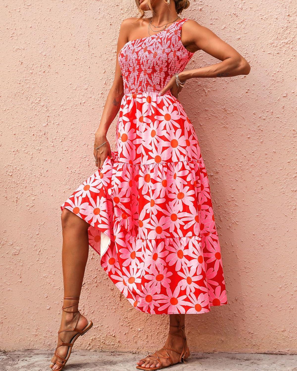 imageBTFBM 2026 Summer One Shoulder Dresses for Women Casual Spring Sleeveless Floral Flowy Smocked Boho Beach Maxi DressFloral Red