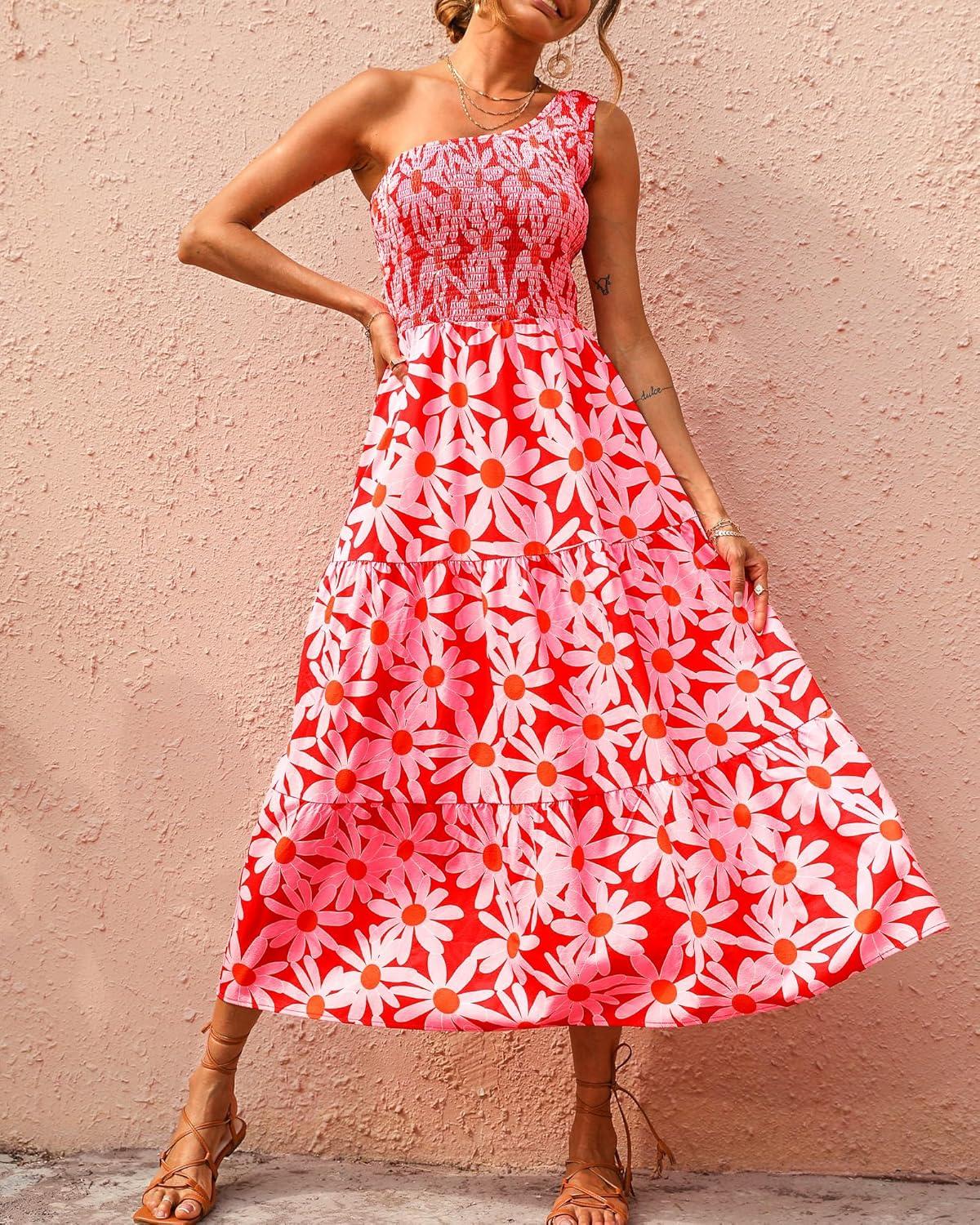 imageBTFBM 2026 Summer One Shoulder Dresses for Women Casual Spring Sleeveless Floral Flowy Smocked Boho Beach Maxi DressFloral Red