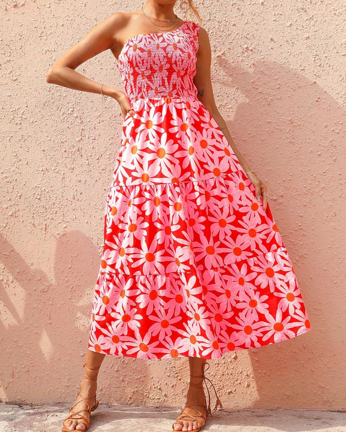 imageBTFBM 2026 Summer One Shoulder Dresses for Women Casual Spring Sleeveless Floral Flowy Smocked Boho Beach Maxi DressFloral Red