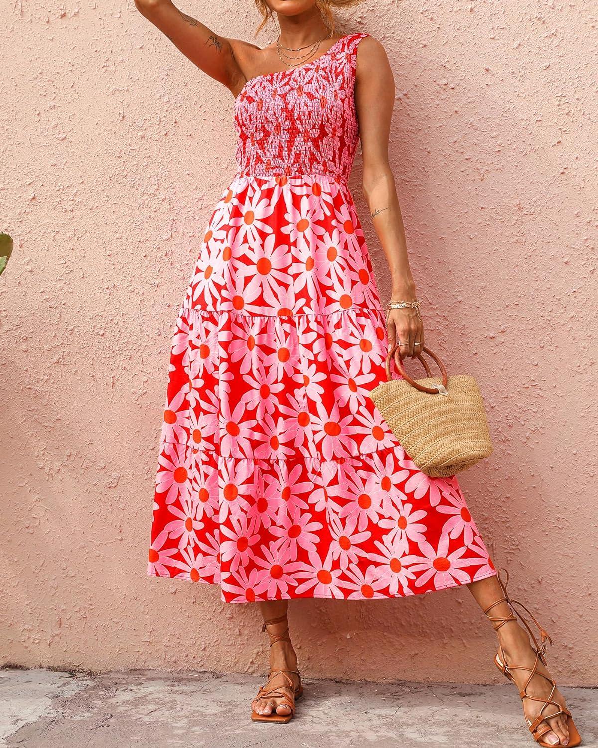 imageBTFBM 2026 Summer One Shoulder Dresses for Women Casual Spring Sleeveless Floral Flowy Smocked Boho Beach Maxi DressFloral Red