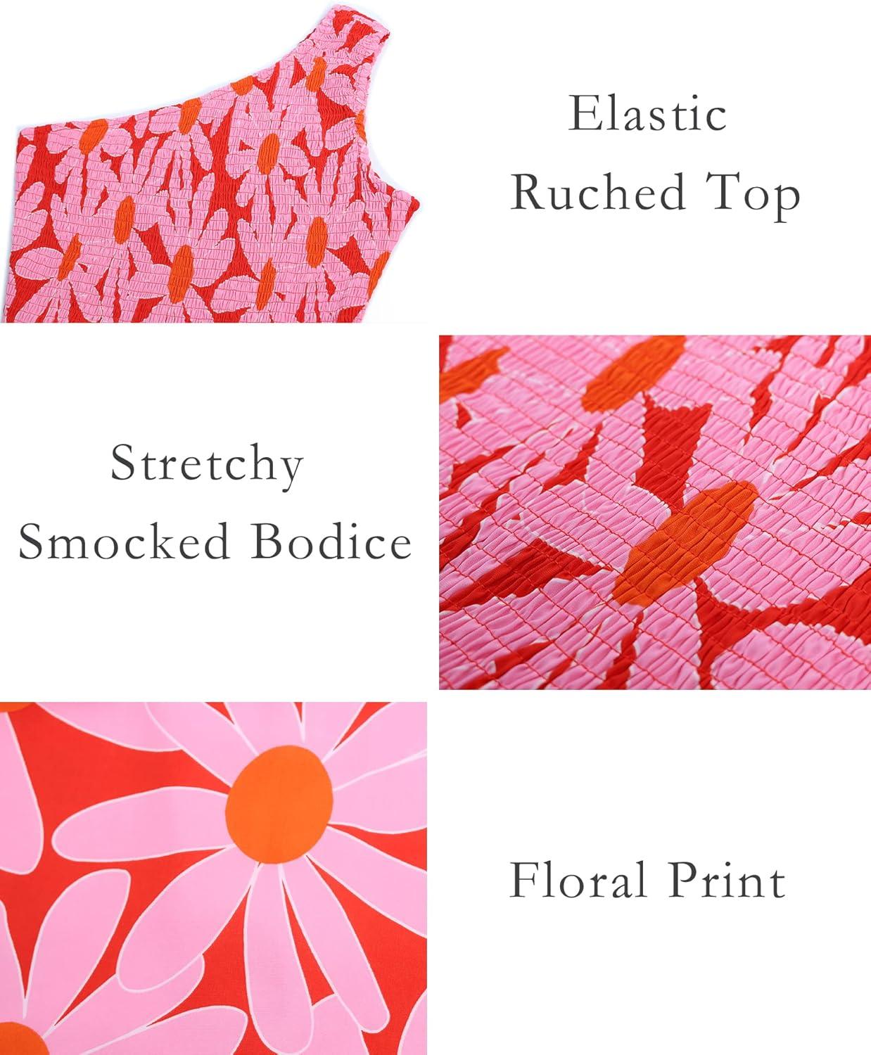 imageBTFBM 2026 Summer One Shoulder Dresses for Women Casual Spring Sleeveless Floral Flowy Smocked Boho Beach Maxi DressFloral Red