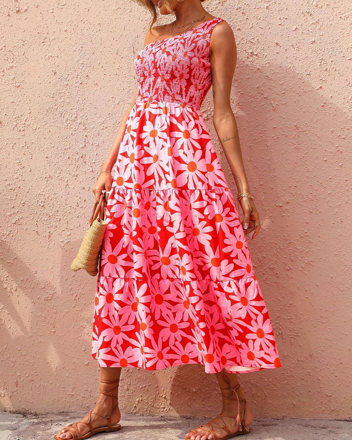 imageBTFBM 2026 Summer One Shoulder Dresses for Women Casual Spring Sleeveless Floral Flowy Smocked Boho Beach Maxi DressFloral Red