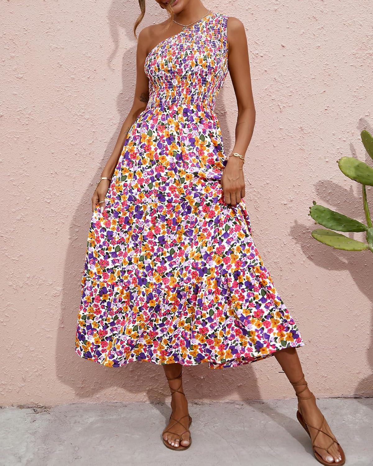 imageBTFBM 2026 Summer One Shoulder Dresses for Women Casual Spring Sleeveless Floral Flowy Smocked Boho Beach Maxi DressFloral White Purple