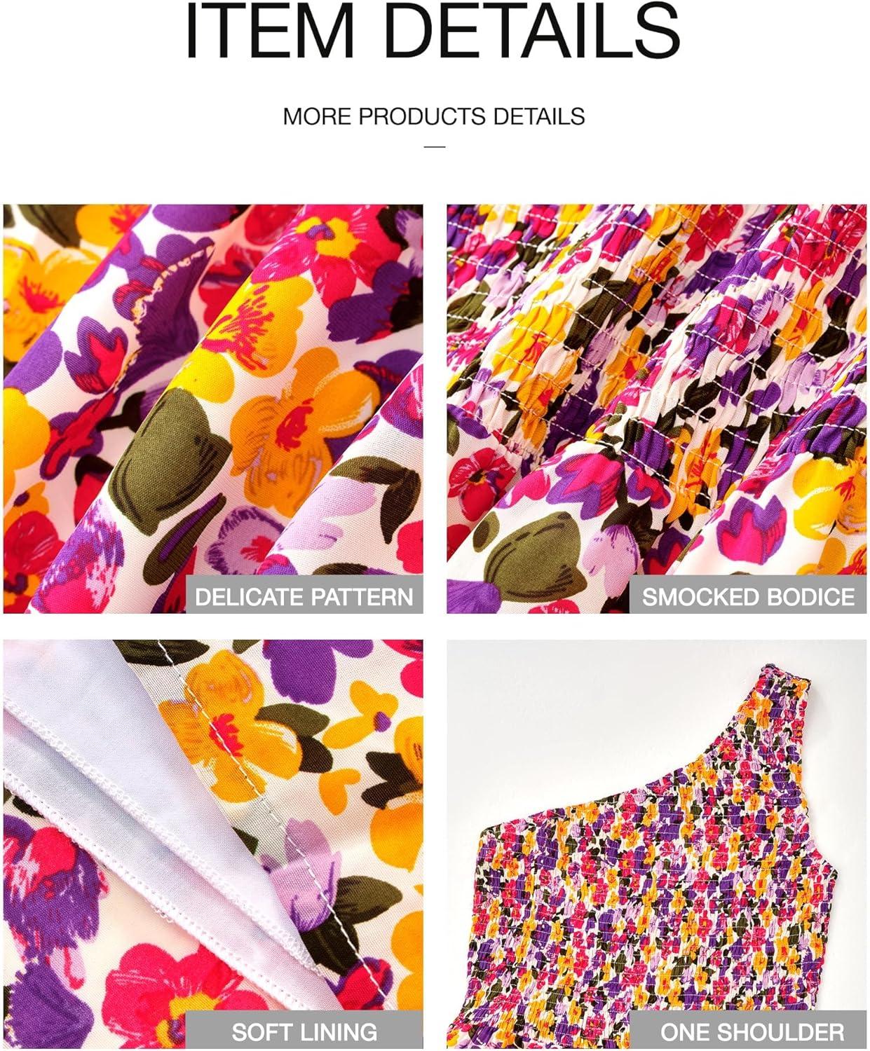 imageBTFBM 2026 Summer One Shoulder Dresses for Women Casual Spring Sleeveless Floral Flowy Smocked Boho Beach Maxi DressFloral White Purple